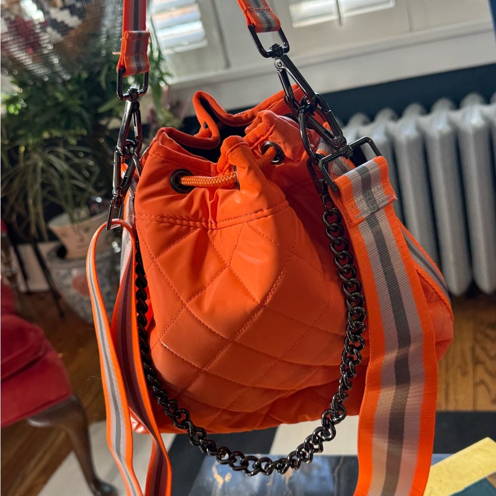 Stylish Orange Quilted Puffer Bag with Chain and Band Straps NWT